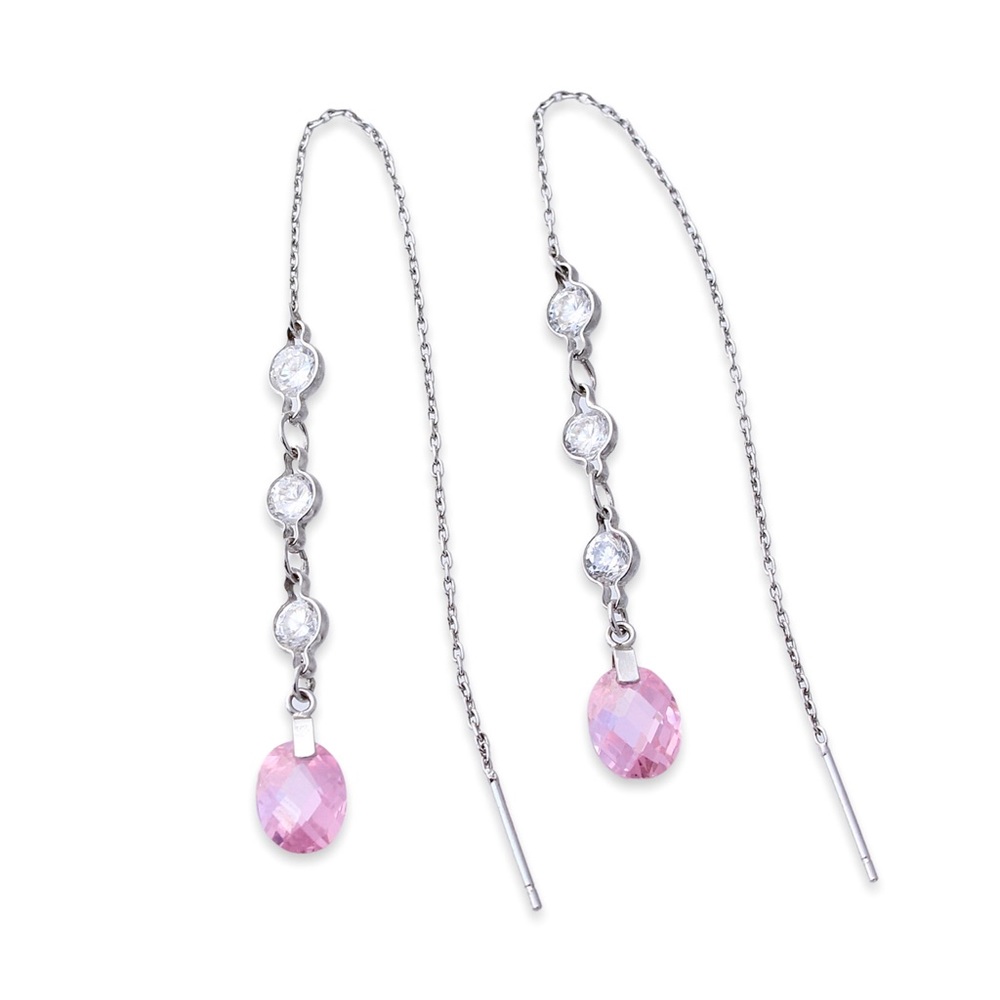 Sterling Silver Pink Crystal Threader Earrings Triple Rhinestone Chain Dangle